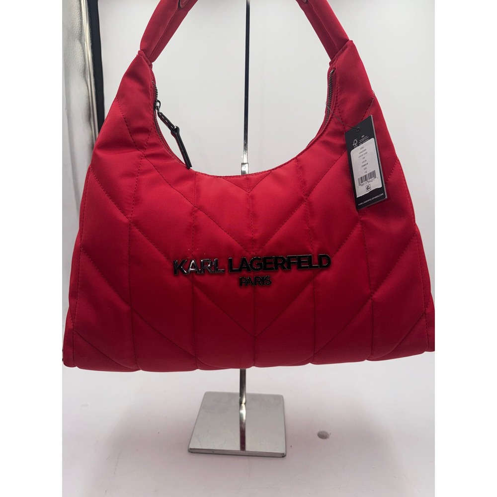 Karl Lagerfeld Paris Crimson Red Quilted Nylon Hobo Bag LH4CE6DS - Picture 2 of 16